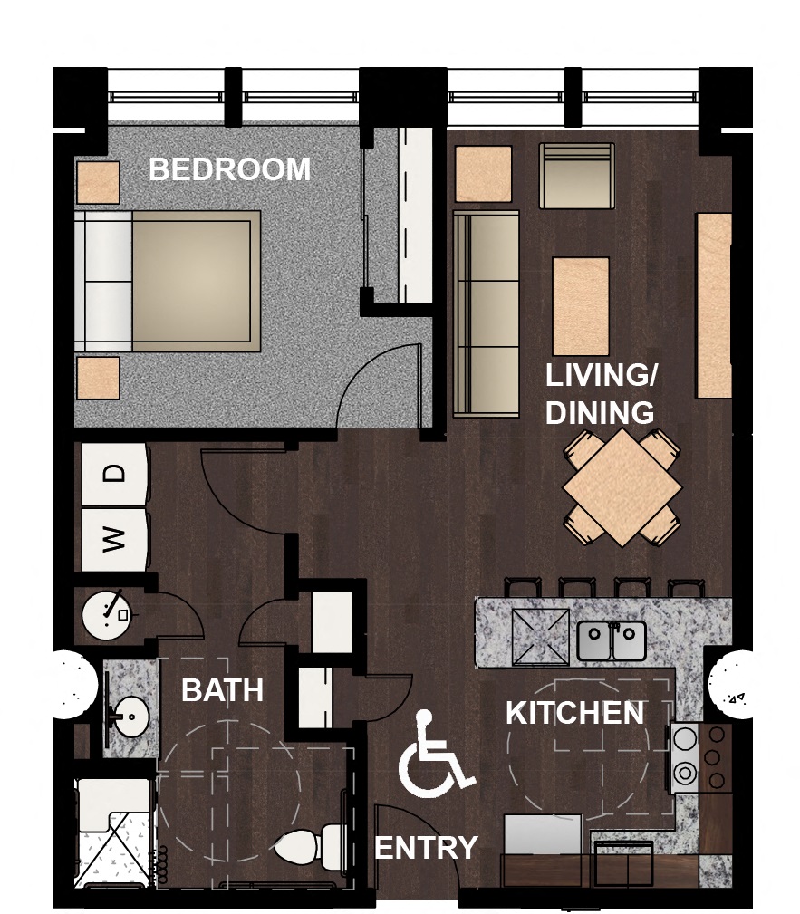 Floor plan for 1 bed, 1 bath, 668 sqft